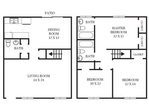 Floor plan for 3 beds, 2.5 baths, 1500 sqft