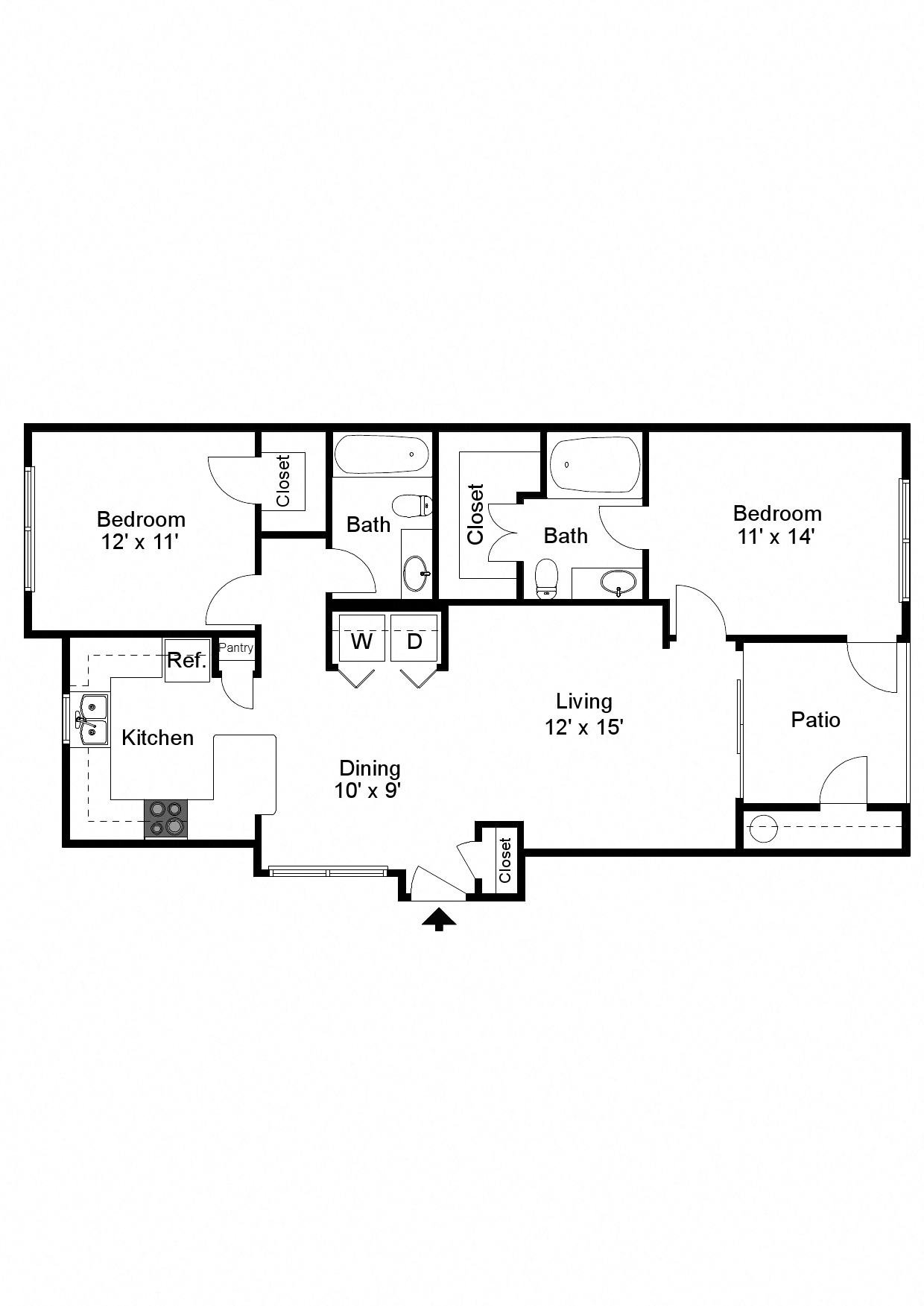Floor plan for 2 beds, 2 baths, 980 sqft