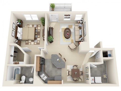 Floor plan for 1 bed, 1 bath, 768 sqft