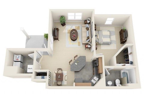 Floor plan for 1 bed, 1 bath, 848 sqft