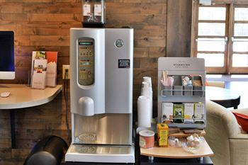 Coworking lounge with gourmet coffee and tea bar