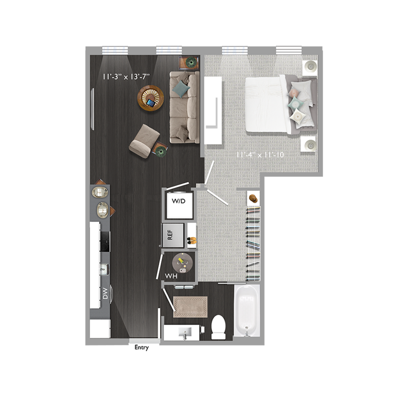 Floor plan for 1 bed, 1 bath, 623 sqft