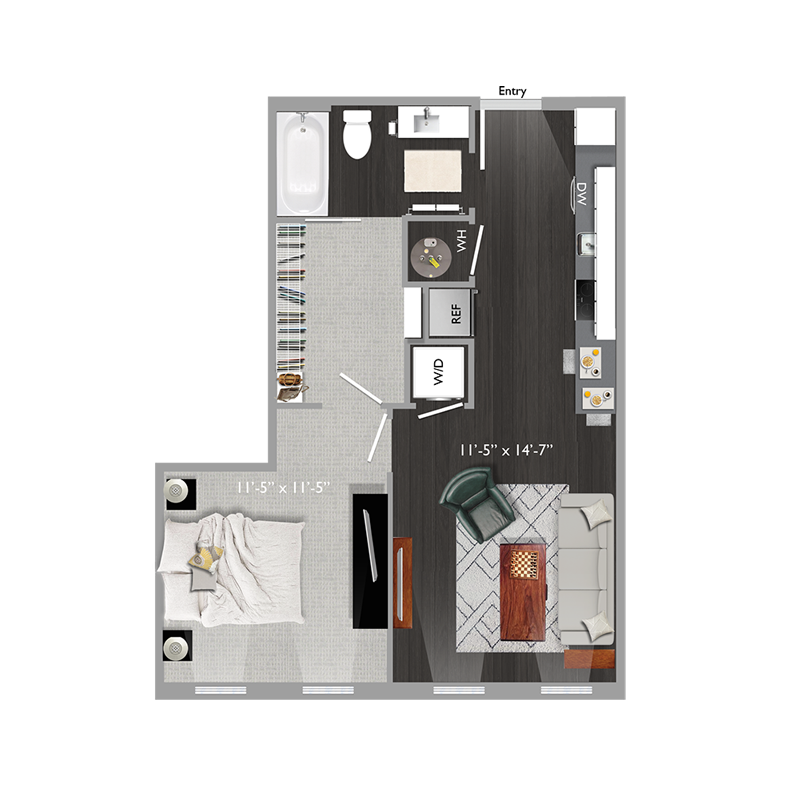 Floor plan for 1 bed, 1 bath, 638 sqft