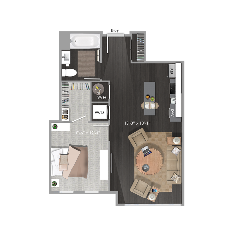 Floor plan for 1 bed, 1 bath, 705 sqft