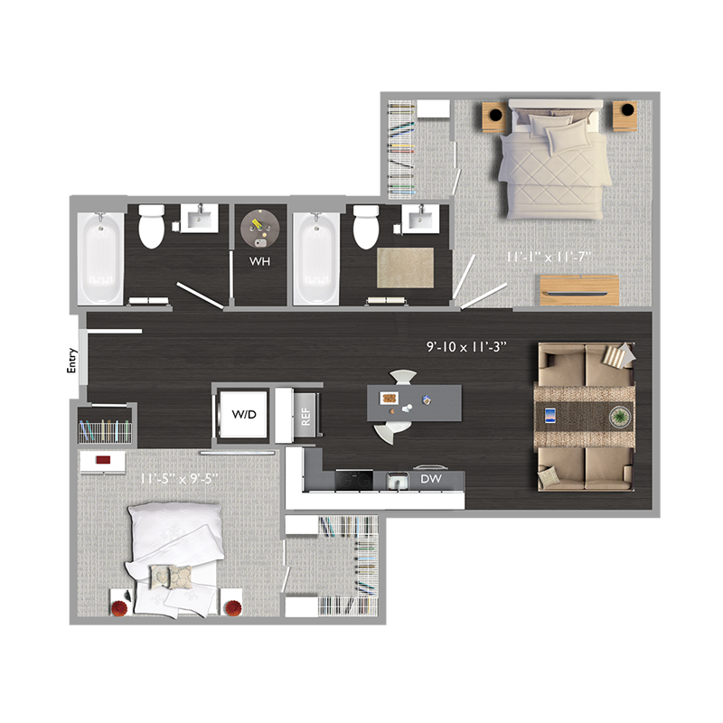 Floor plan for 2 beds, 2 baths, 798 sqft