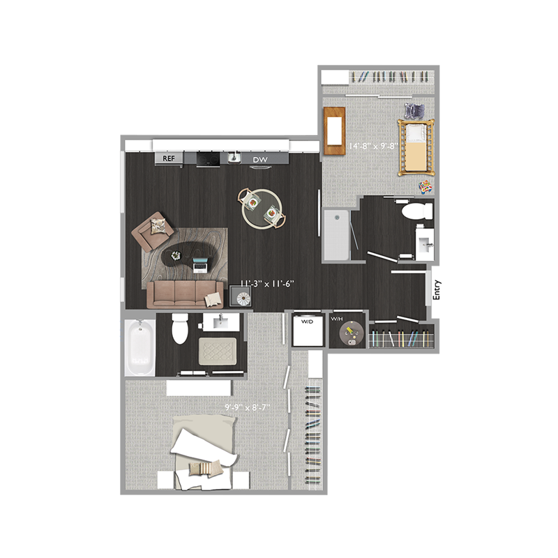 Floor plan for 2 beds, 2 baths, 834 sqft