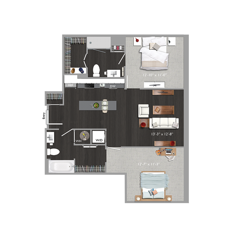 Floor plan for 2 beds, 2 baths, 985 sqft