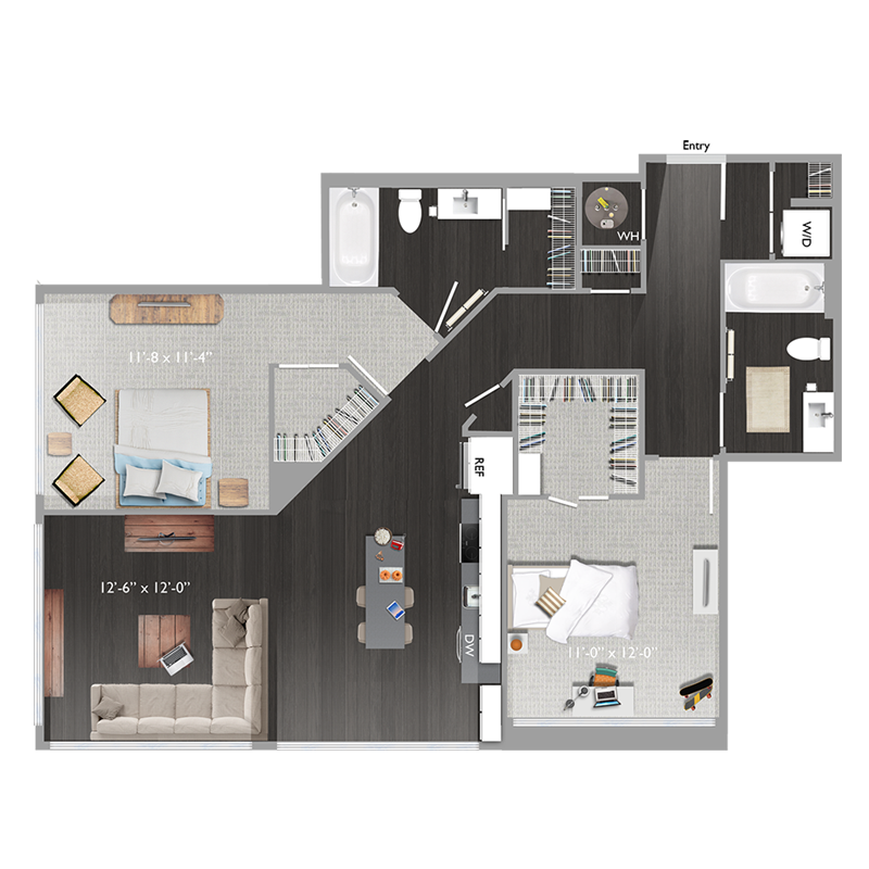 Floor plan for 2 beds, 2 baths, 1143 sqft