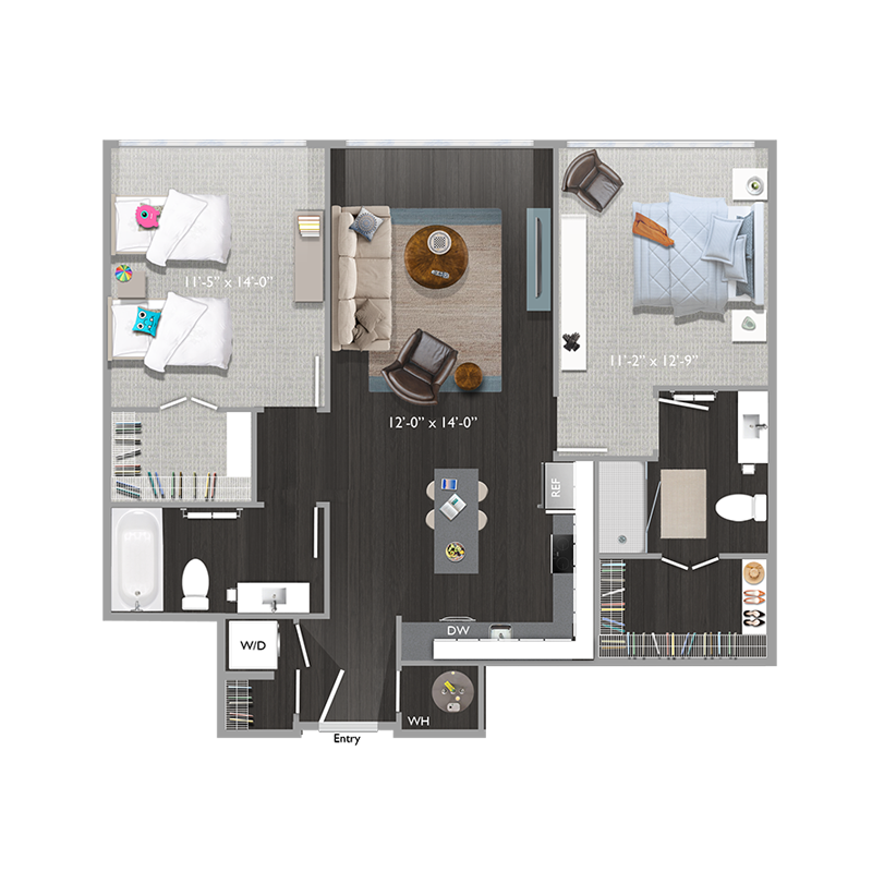 Floor plan for 2 beds, 2 baths, 1064 sqft