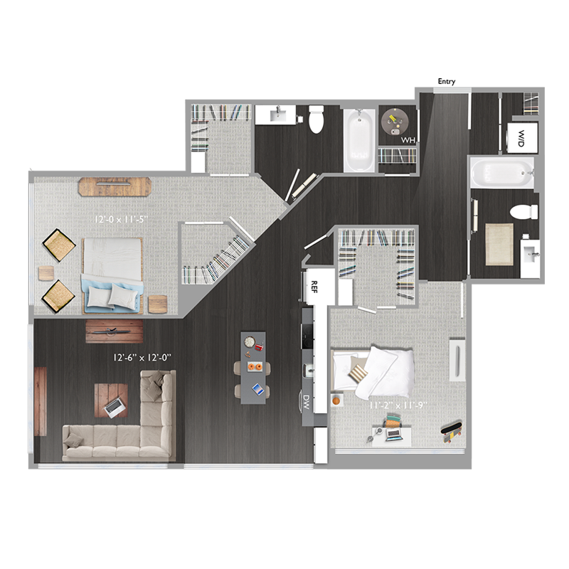 Floor plan for 2 beds, 2 baths, 1147 sqft