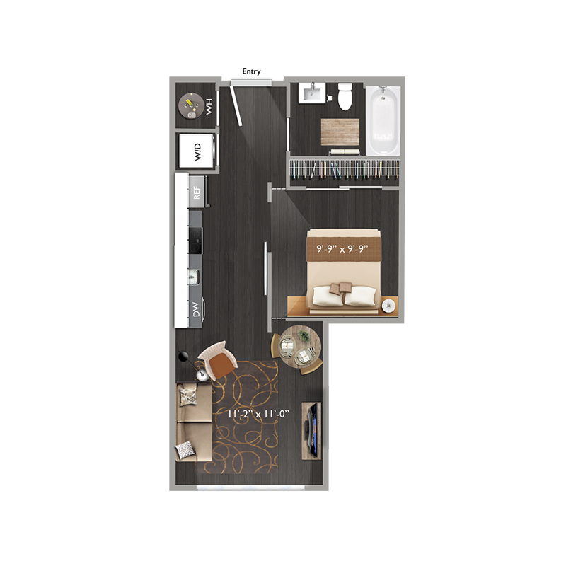 Floor plan for 1 bed, 1 bath, 502 sqft