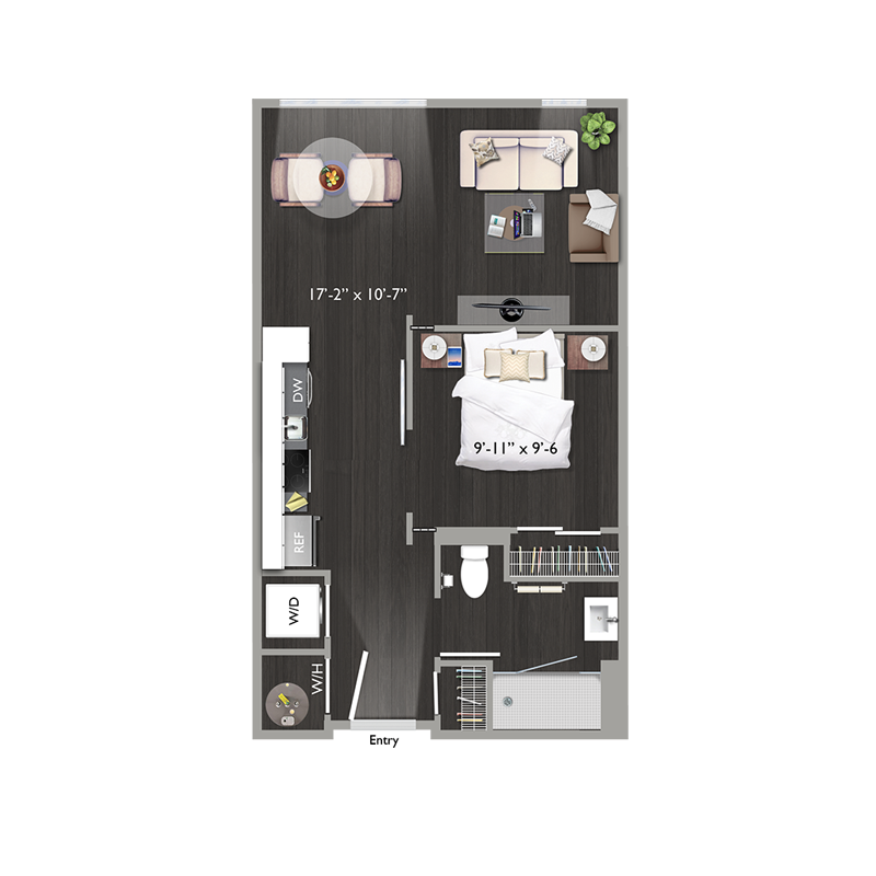 Floor plan for 1 bed, 1 bath, 559 sqft