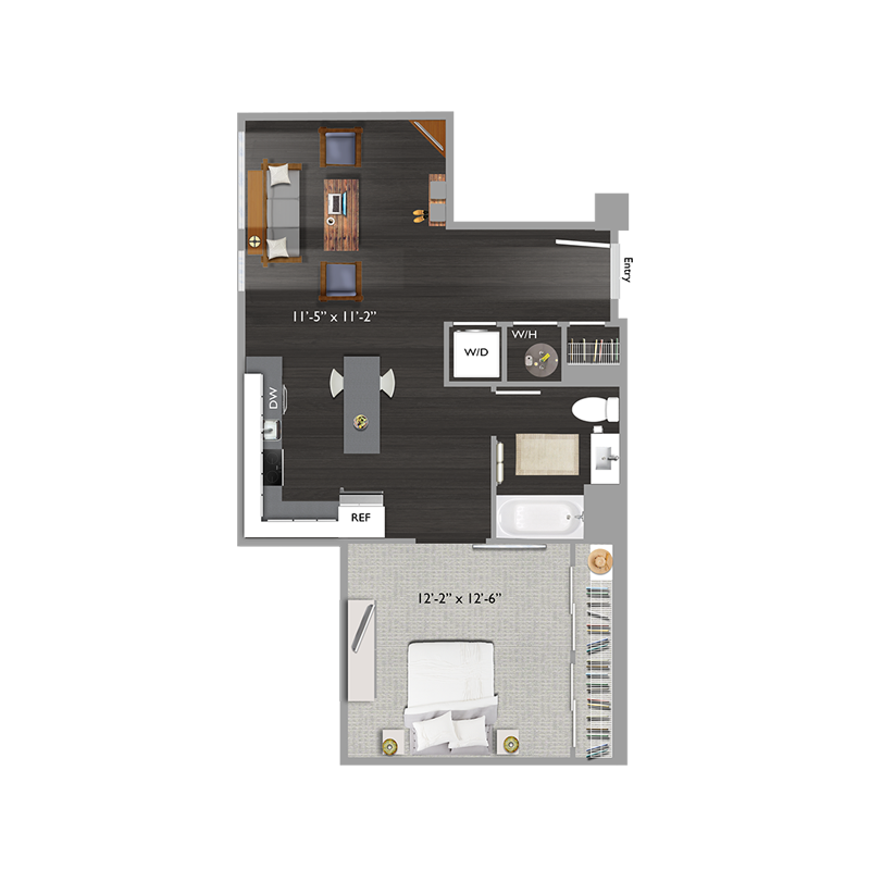 Floor plan for 1 bed, 1 bath, 681 sqft