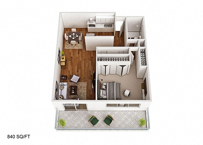 Floor plan for 1 bed, 1 bath, 840 sqft