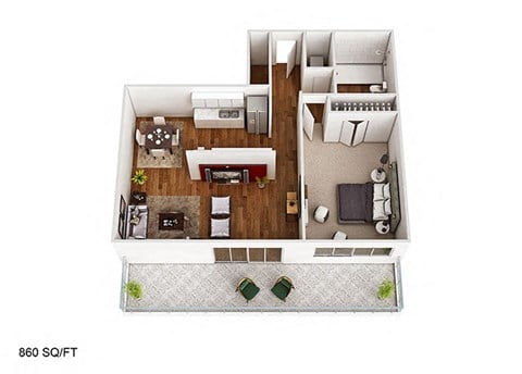 Floor plan for 1 bed, 1 bath, 860 sqft