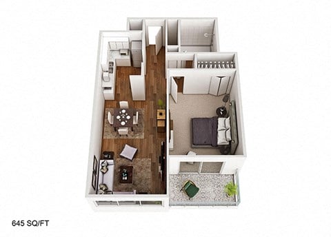 Floor plan for 1 bed, 1 bath, 645 sqft
