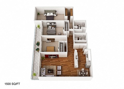 Floor plan for 3 beds, 2 baths, 1500 sqft