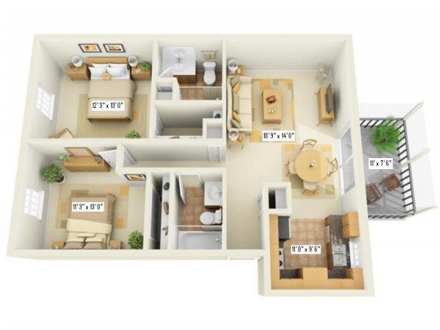 Floor plan for 2 beds, 2 baths, 960 sqft