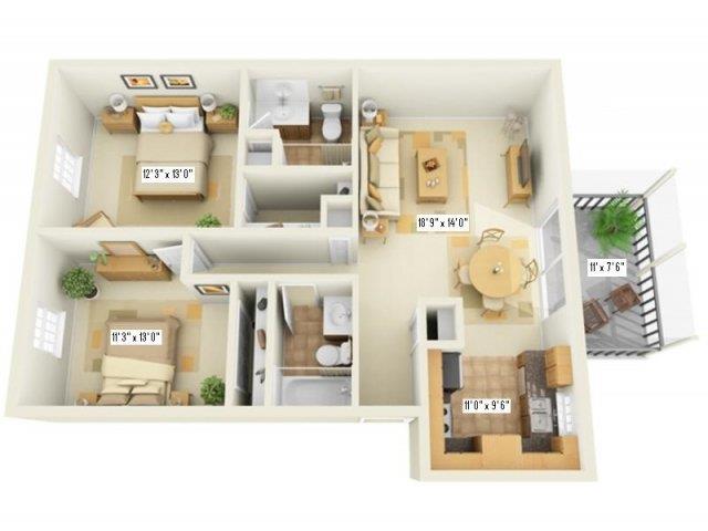 Floor plan for 2 beds, 2 baths, 960 sqft