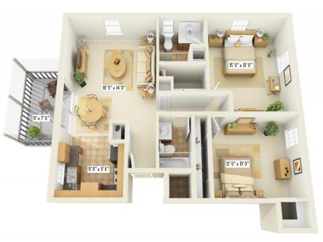 Floor plan for 2 beds, 2 baths, 1039 sqft