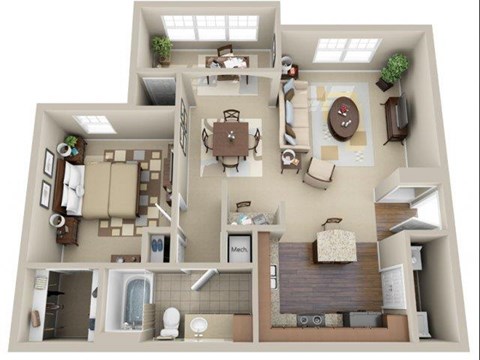 Floor plan for 1 bed, 1 bath, 916 sqft
