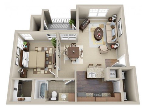 Floor plan for 1 bed, 1 bath, 705 sqft