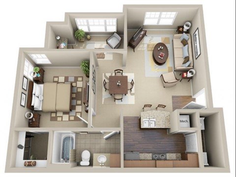 Floor plan for 1 bed, 1 bath, 792 sqft