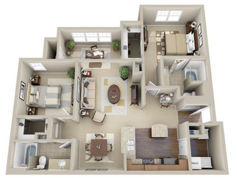 Floor plan for 2 beds, 2 baths, 1225 sqft