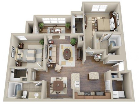Floor plan for 2 beds, 2 baths, 1225 sqft