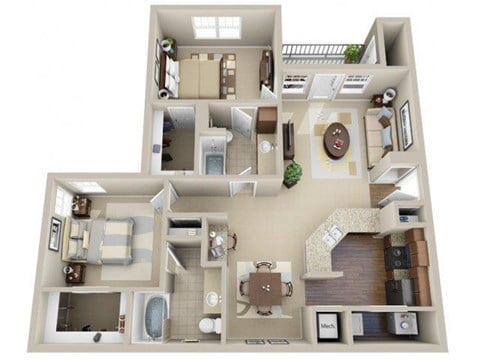 Floor plan for 2 beds, 2 baths, 1113 sqft