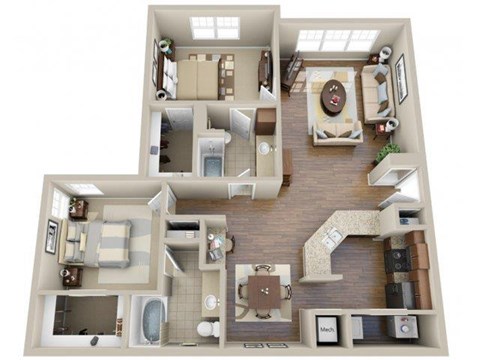 Floor plan for 2 beds, 2 baths, 1203 sqft