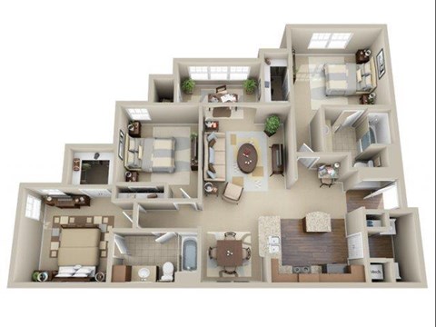 Floor plan for 3 beds, 2 baths, 1349 sqft