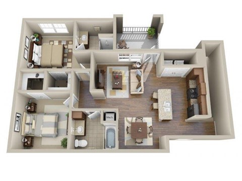 Floor plan for 2 beds, 2 baths, 1005 sqft