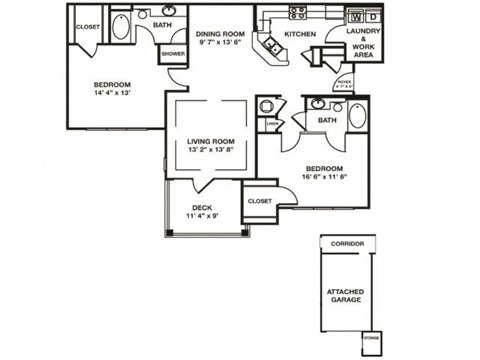 Floor plan for 2 beds, 2 baths, 1263 sqft