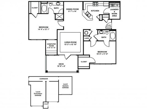 Floor plan for 2 beds, 2 baths, 1311 sqft