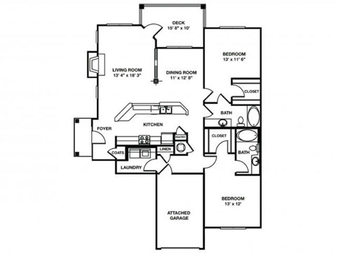 Floor plan for 2 beds, 2 baths, 1482 sqft