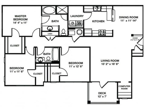 Floor plan for 3 beds, 2 baths, 1530 sqft