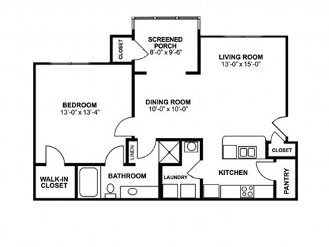 Floor plan for 1 bed, 1 bath, 940 sqft