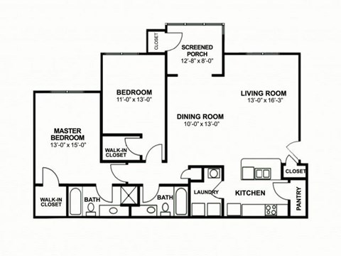 Floor plan for 2 beds, 2 baths, 1285 sqft
