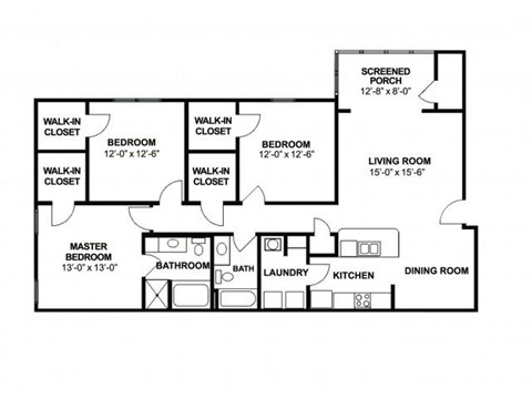 Floor plan for 3 beds, 2 baths, 1588 sqft