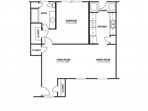Floor plan for 1 bed, 1 bath, 900 sqft