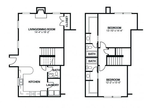 Floor plan for 2 beds, 2.5 baths, 1475 sqft
