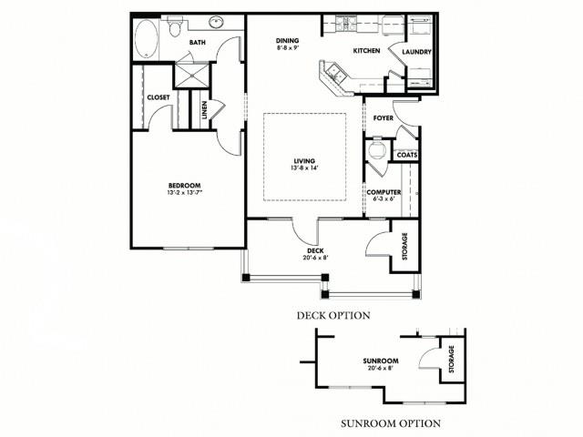 Floor plan for 1 bed, 1 bath, 906 sqft