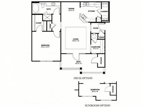 Floor plan for 1 bed, 1 bath, 1075 sqft