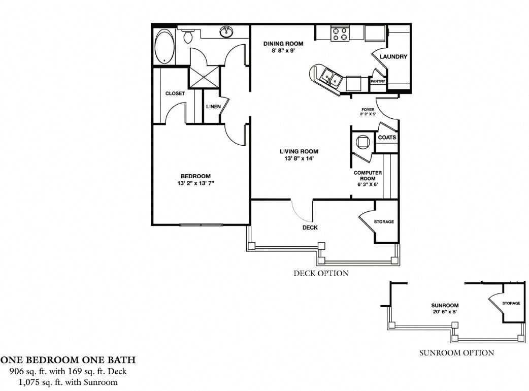 Floor plan for 1 bed, 1 bath, 900 sqft