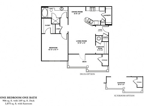 Floor plan for 1 bed, 1 bath, 1075 sqft