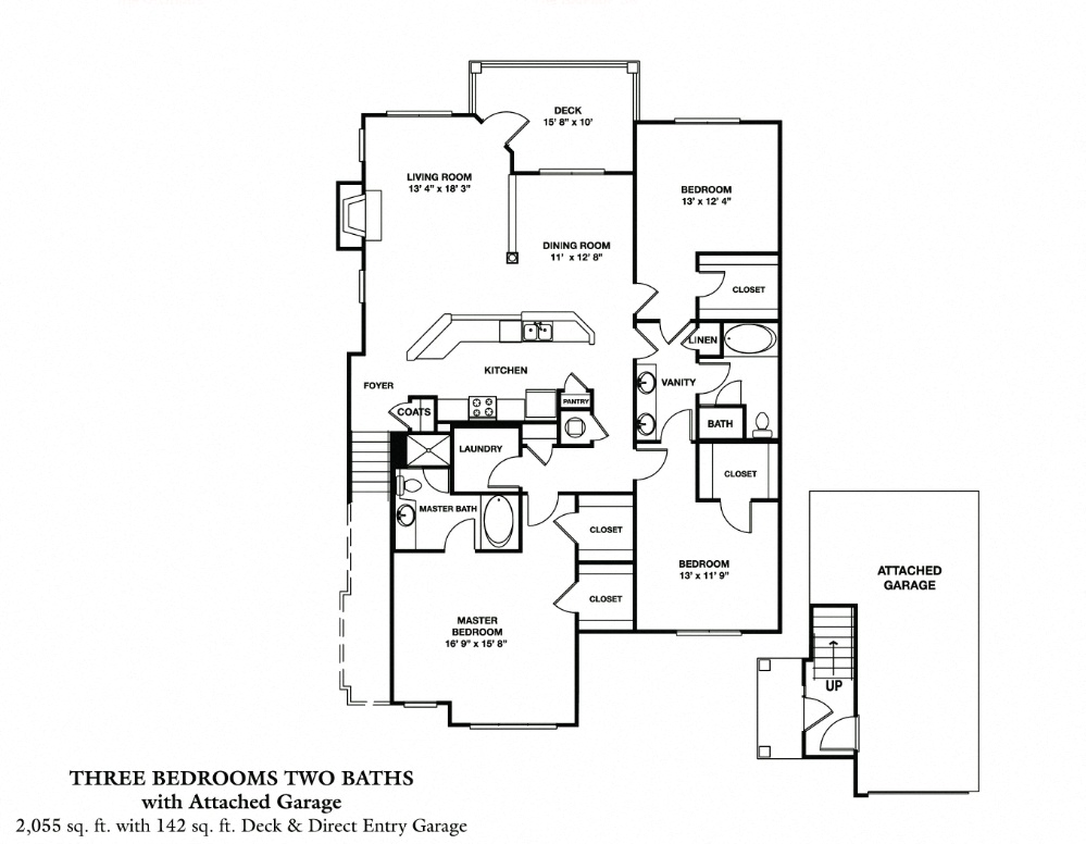 Floor plan for 3 beds, 2 baths, 2055 sqft