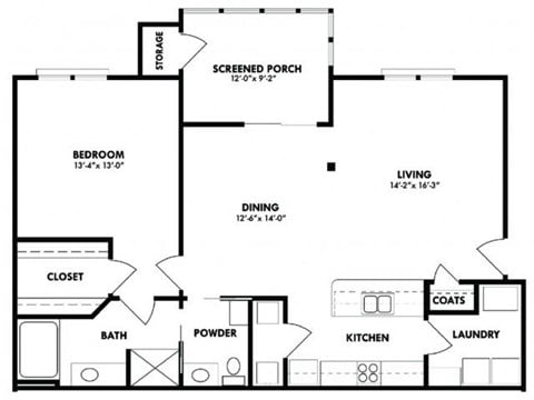 Floor plan for 1 bed, 1 bath, 1198 sqft