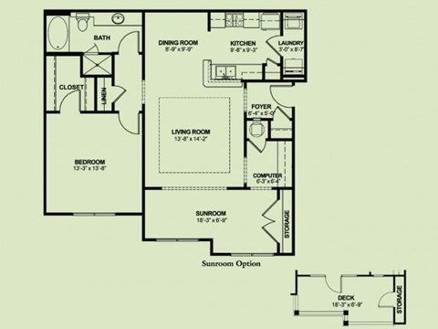 Floor plan for 1 bed, 1 bath, 1075 sqft