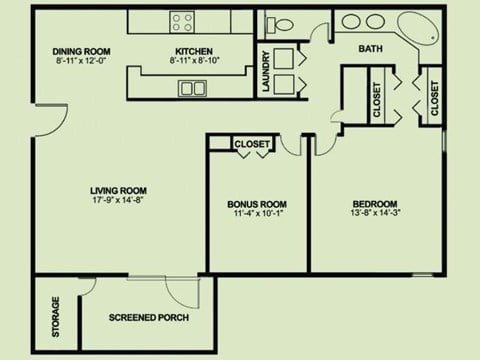 Floor plan for 1 bed, 1 bath, 1267 sqft